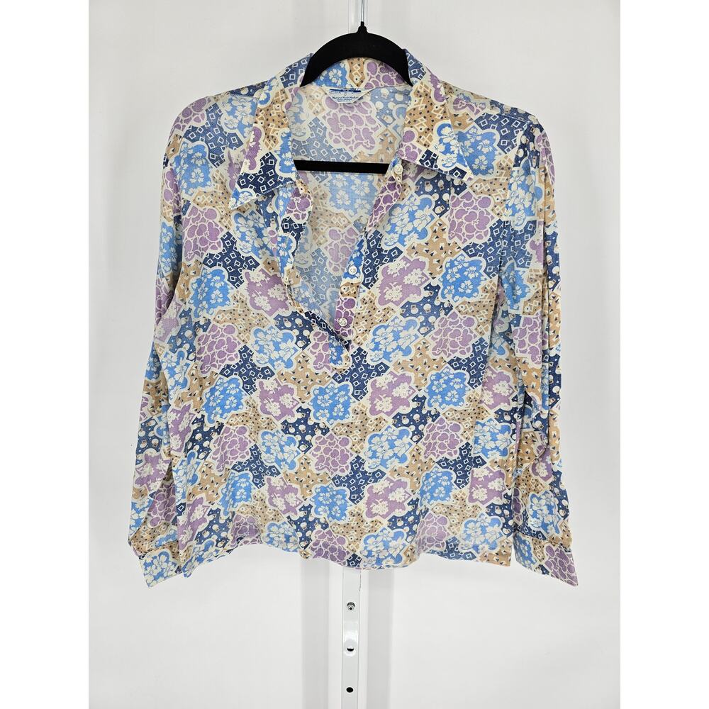 VTG 70S Sears Women's Multicolor Long Sleeve Collared Button V-neck Top Size L